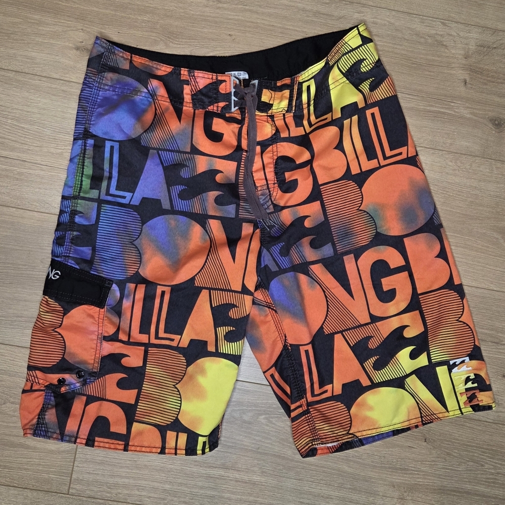 Y2K Billabong Board Shorts Neon Graphic Surf Swim Trunks Size 34 AOP